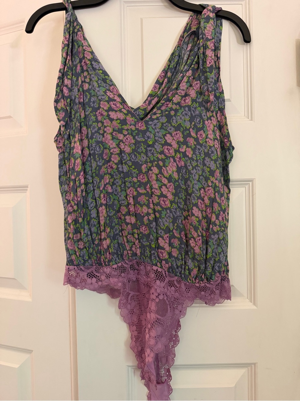 Free People Floral Lace-Trim V-Neck Bodysuit in Purple